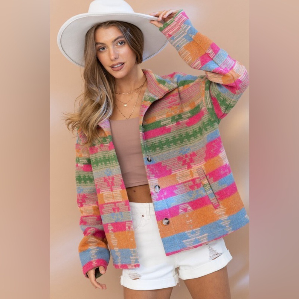 Blakely Colorful Bright Aztec Button-Up Shacket Jacket - Picture 2 of 10